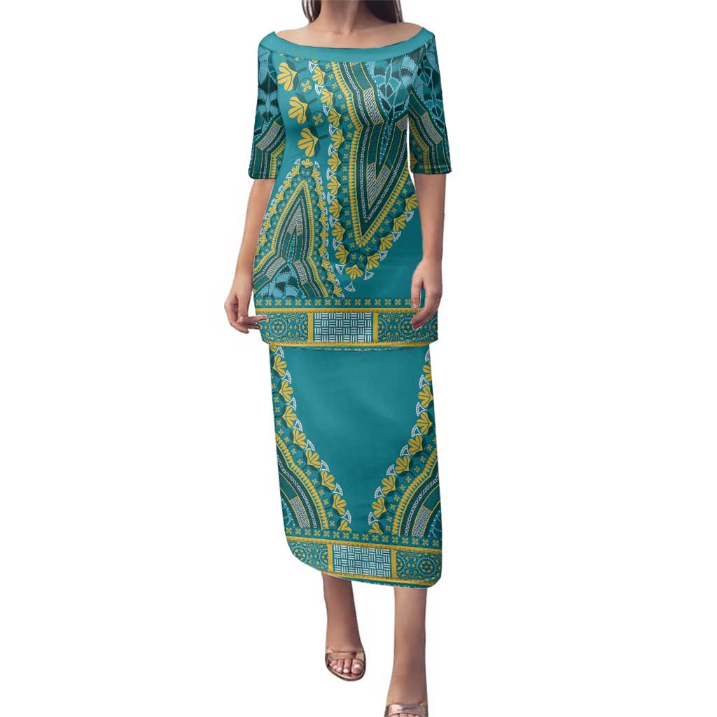 African Dashiki Family Matching Puletasi and Hawaiian Shirt Luxury Teal - Wonder Print Shop