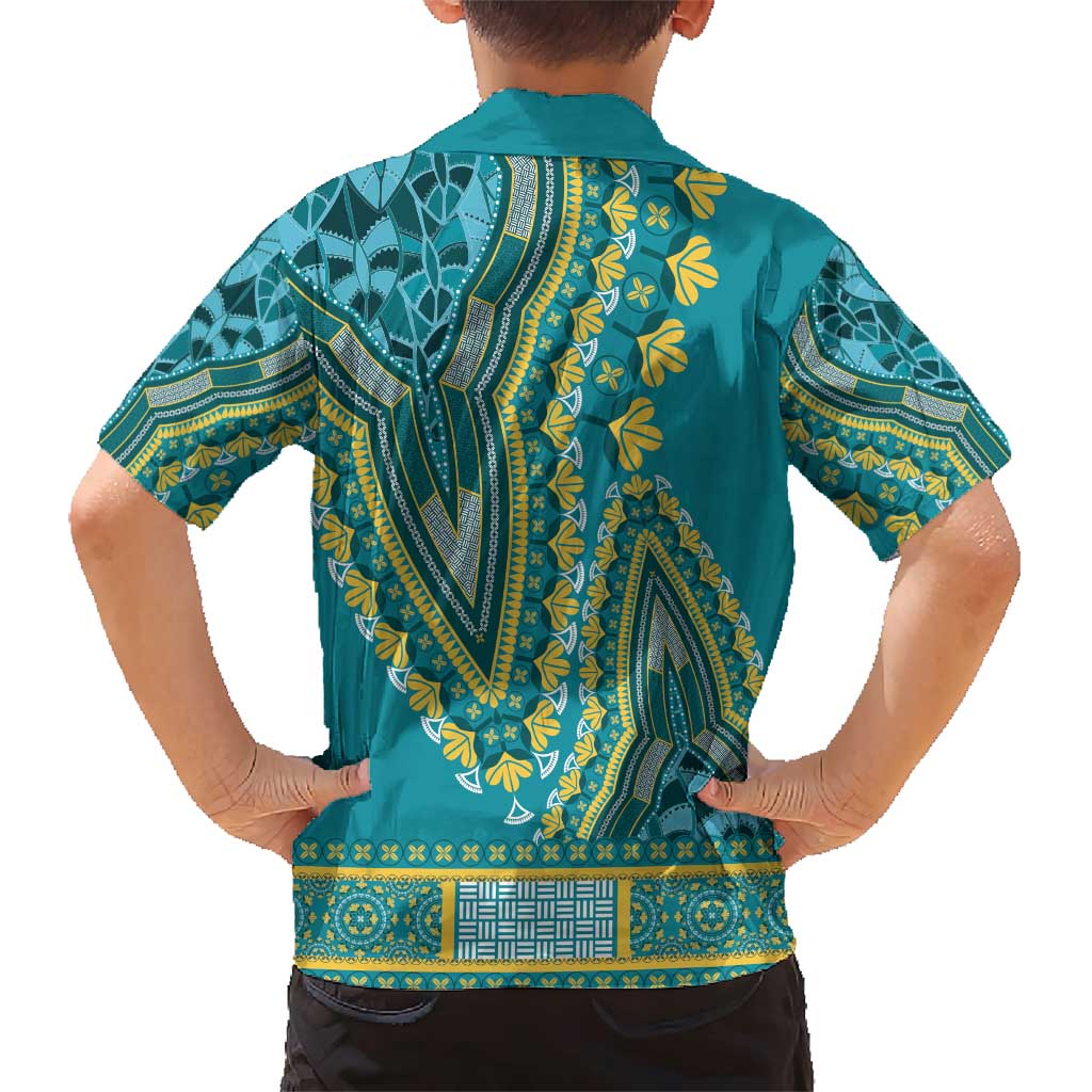 African Dashiki Family Matching Short Sleeve Bodycon Dress and Hawaiian Shirt Luxury Teal - Wonder Print Shop