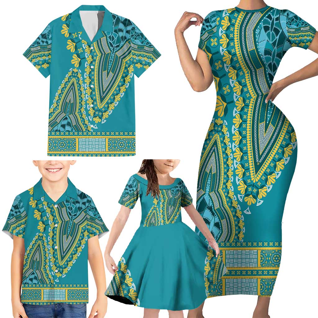 African Dashiki Family Matching Short Sleeve Bodycon Dress and Hawaiian Shirt Luxury Teal - Wonder Print Shop