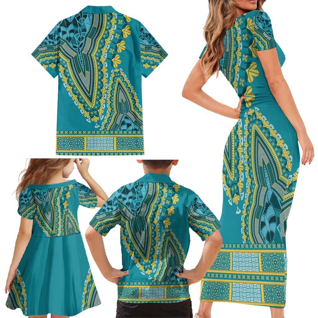 African Dashiki Family Matching Short Sleeve Bodycon Dress and Hawaiian Shirt Luxury Teal - Wonder Print Shop