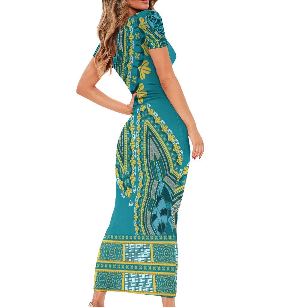 African Dashiki Family Matching Short Sleeve Bodycon Dress and Hawaiian Shirt Luxury Teal - Wonder Print Shop