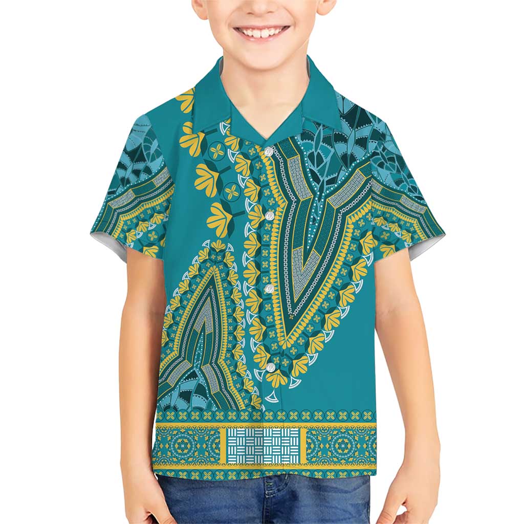 African Dashiki Family Matching Short Sleeve Bodycon Dress and Hawaiian Shirt Luxury Teal - Wonder Print Shop