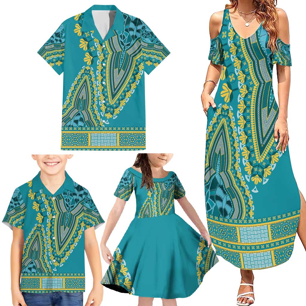African Dashiki Family Matching Summer Maxi Dress and Hawaiian Shirt Luxury Teal - Wonder Print Shop