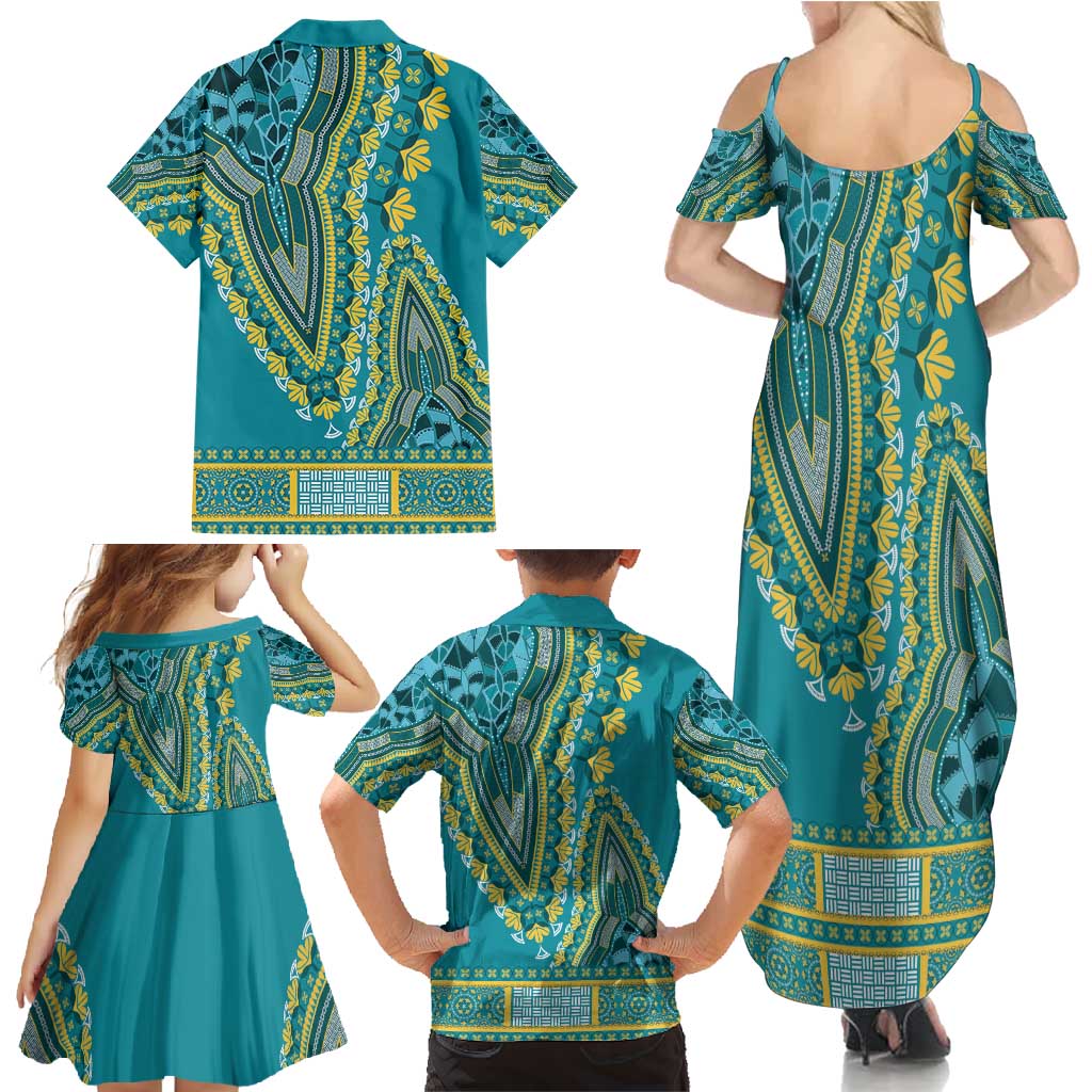 African Dashiki Family Matching Summer Maxi Dress and Hawaiian Shirt Luxury Teal - Wonder Print Shop