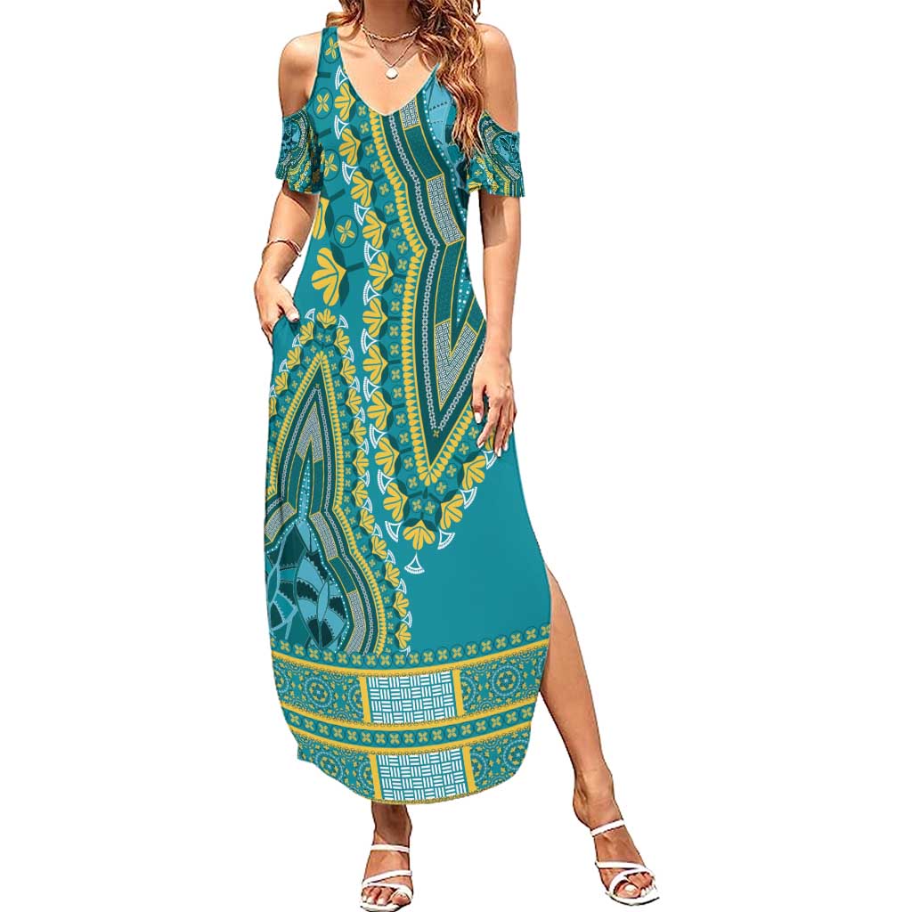 African Dashiki Family Matching Summer Maxi Dress and Hawaiian Shirt Luxury Teal - Wonder Print Shop