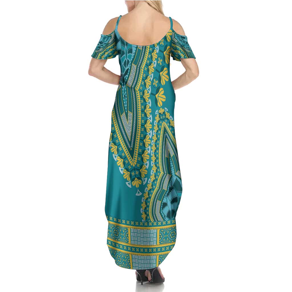 African Dashiki Family Matching Summer Maxi Dress and Hawaiian Shirt Luxury Teal - Wonder Print Shop