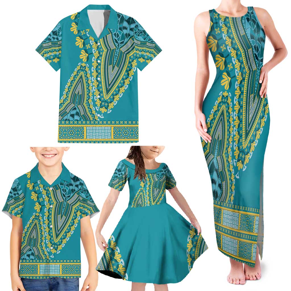 African Dashiki Family Matching Tank Maxi Dress and Hawaiian Shirt Luxury Teal - Wonder Print Shop