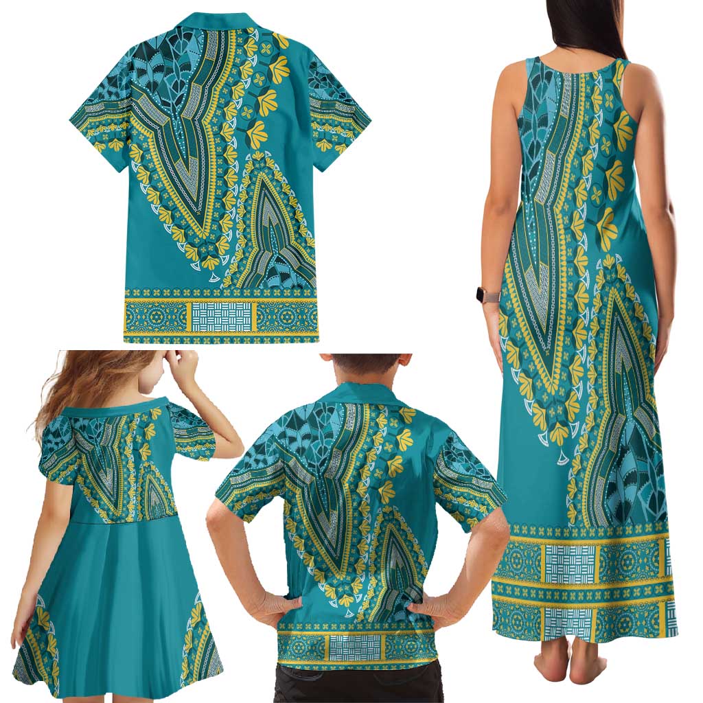 African Dashiki Family Matching Tank Maxi Dress and Hawaiian Shirt Luxury Teal - Wonder Print Shop