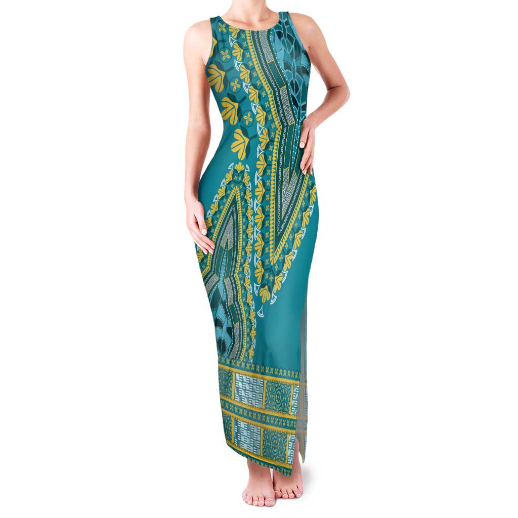 African Dashiki Family Matching Tank Maxi Dress and Hawaiian Shirt Luxury Teal - Wonder Print Shop