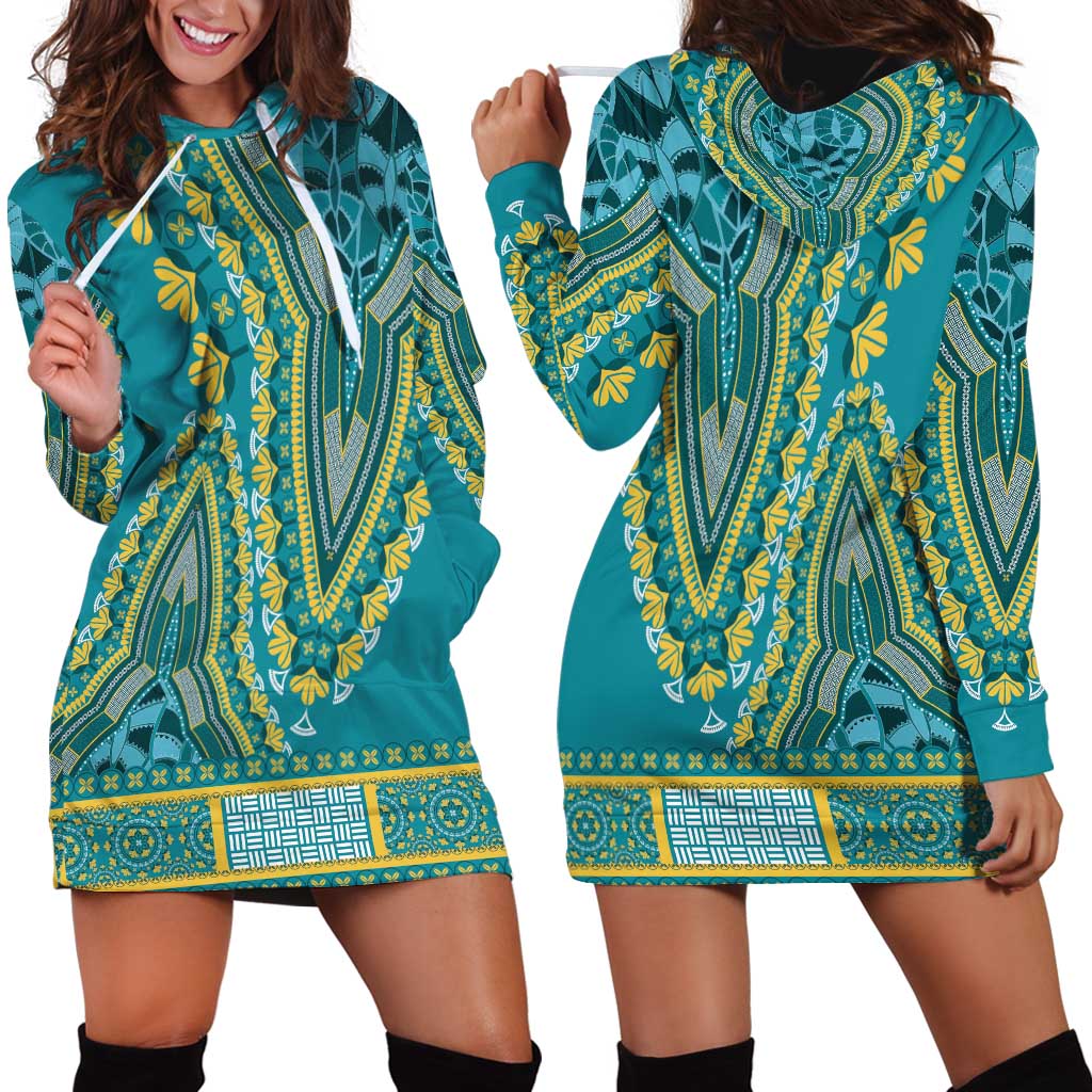 African Dashiki Hoodie Dress Luxury Teal - Wonder Print Shop