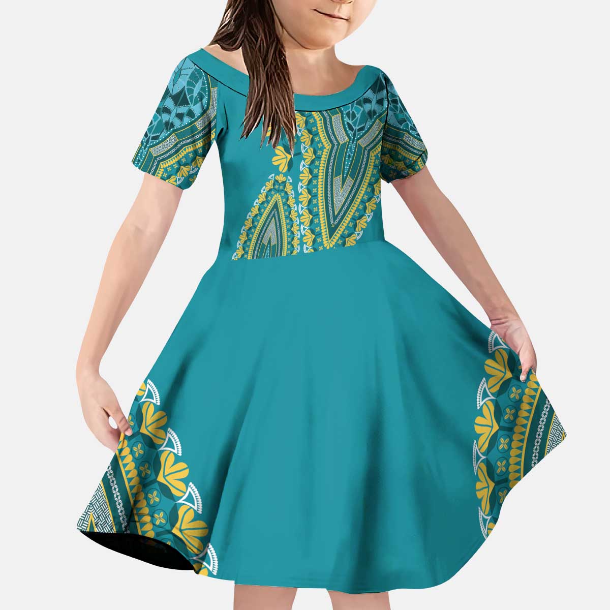 African Dashiki Kid Short Sleeve Dress Luxury Teal - Wonder Print Shop