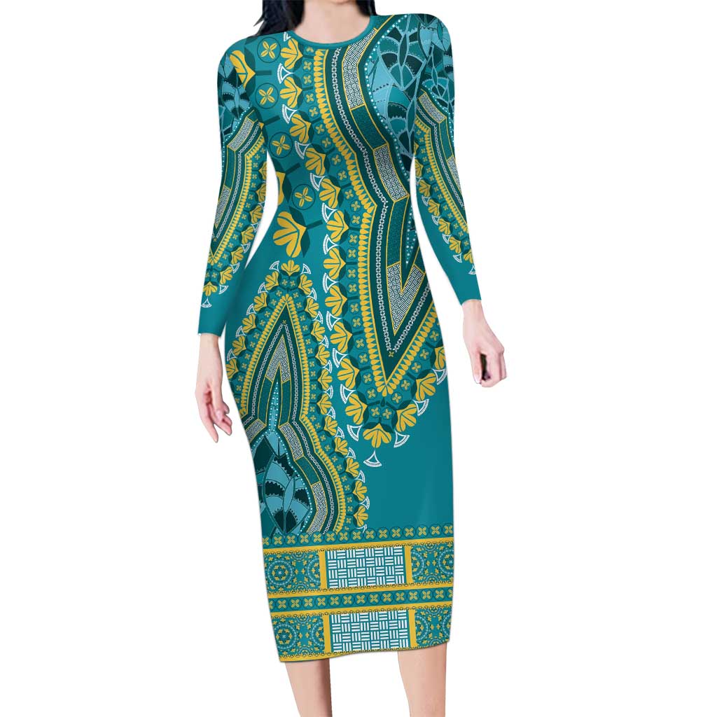African Dashiki Long Sleeve Bodycon Dress Luxury Teal - Wonder Print Shop