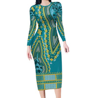 African Dashiki Long Sleeve Bodycon Dress Luxury Teal - Wonder Print Shop