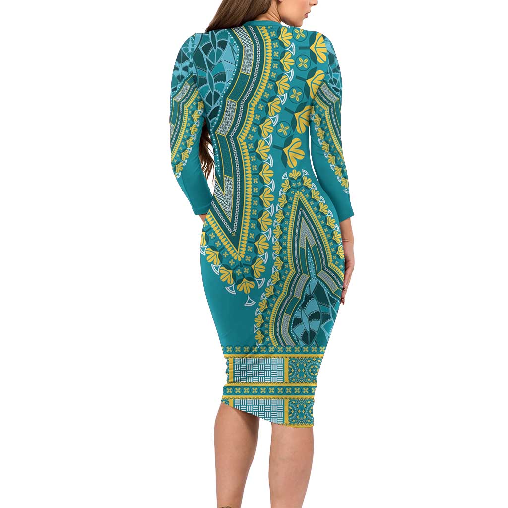 African Dashiki Long Sleeve Bodycon Dress Luxury Teal - Wonder Print Shop