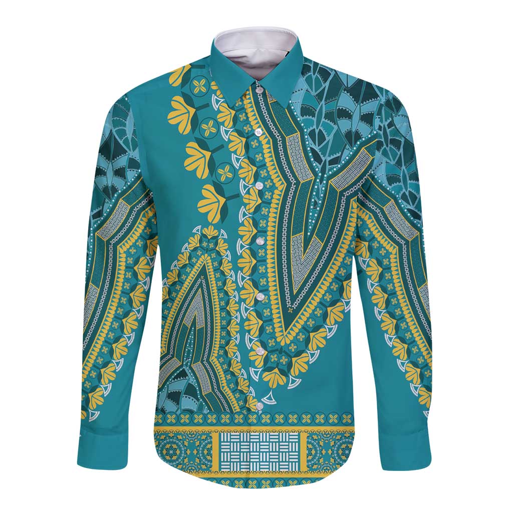 African Dashiki Long Sleeve Button Shirt Luxury Teal - Wonder Print Shop