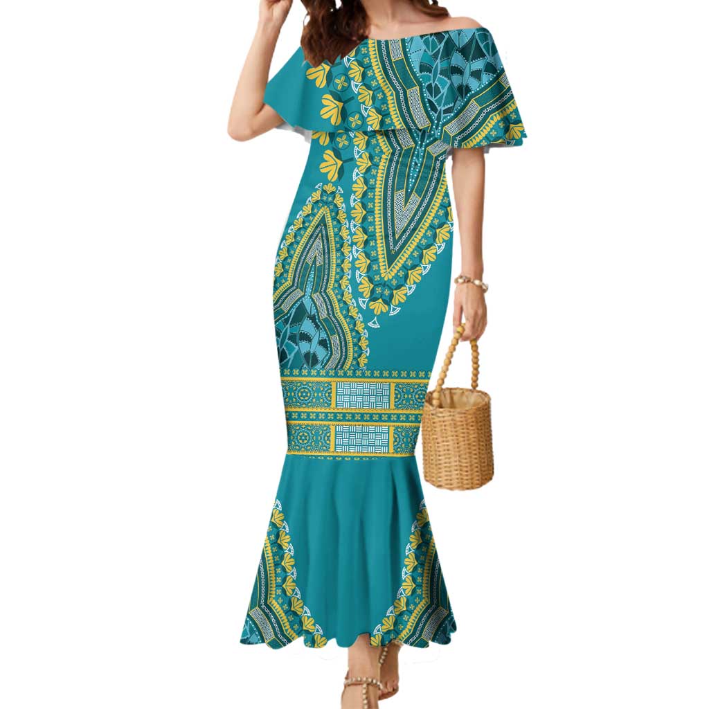 African Dashiki Mermaid Dress Luxury Teal - Wonder Print Shop