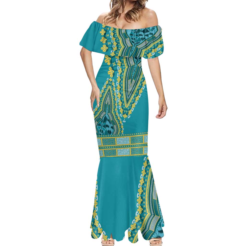 African Dashiki Mermaid Dress Luxury Teal - Wonder Print Shop