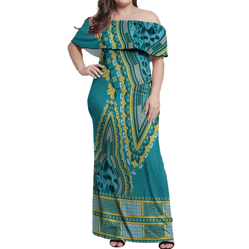 African Dashiki Off Shoulder Maxi Dress Luxury Teal - Wonder Print Shop