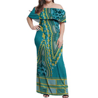 African Dashiki Off Shoulder Maxi Dress Luxury Teal - Wonder Print Shop