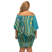 African Dashiki Off Shoulder Short Dress Luxury Teal - Wonder Print Shop