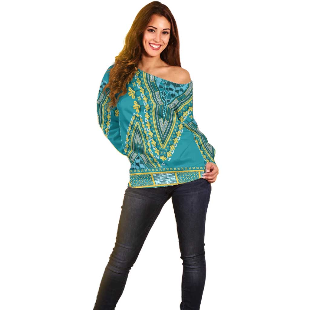 African Dashiki Off Shoulder Sweater Luxury Teal - Wonder Print Shop