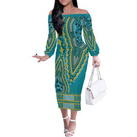 African Dashiki Off The Shoulder Long Sleeve Dress Luxury Teal - Wonder Print Shop