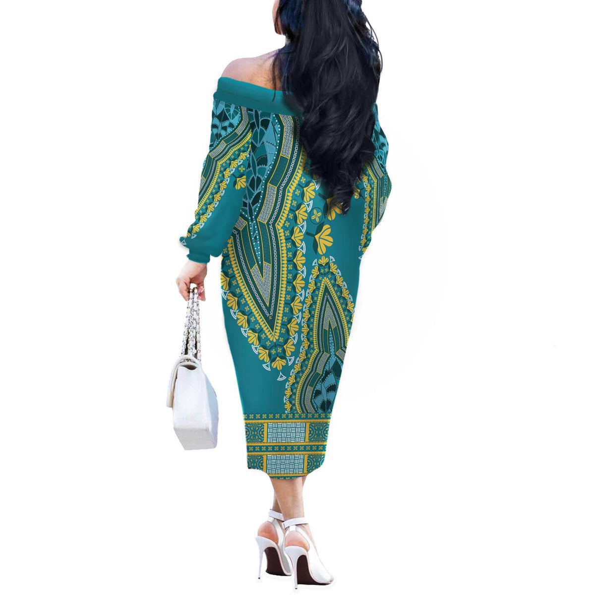 African Dashiki Off The Shoulder Long Sleeve Dress Luxury Teal - Wonder Print Shop