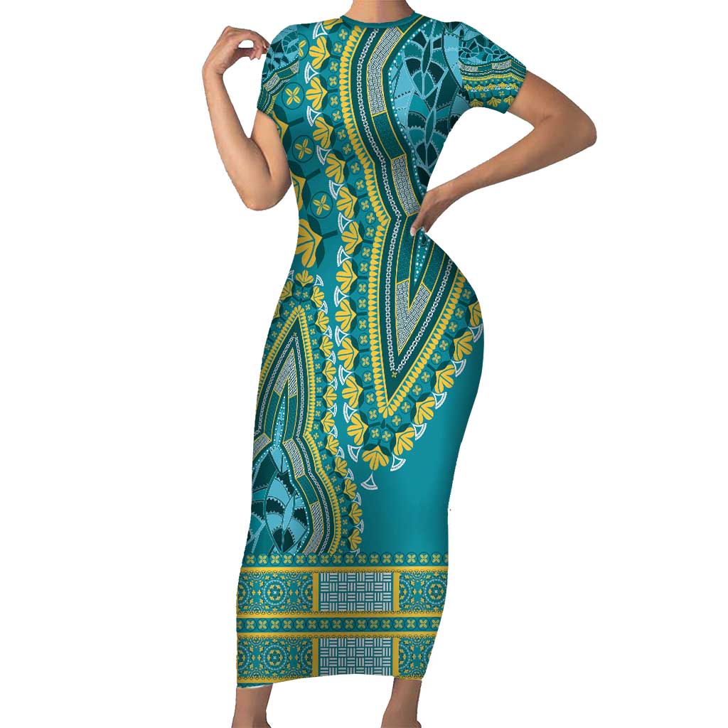 African Dashiki Short Sleeve Bodycon Dress Luxury Teal - Wonder Print Shop