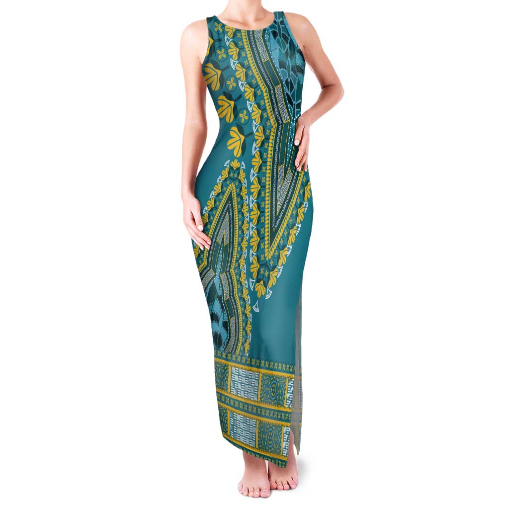 African Dashiki Tank Maxi Dress Luxury Teal - Wonder Print Shop