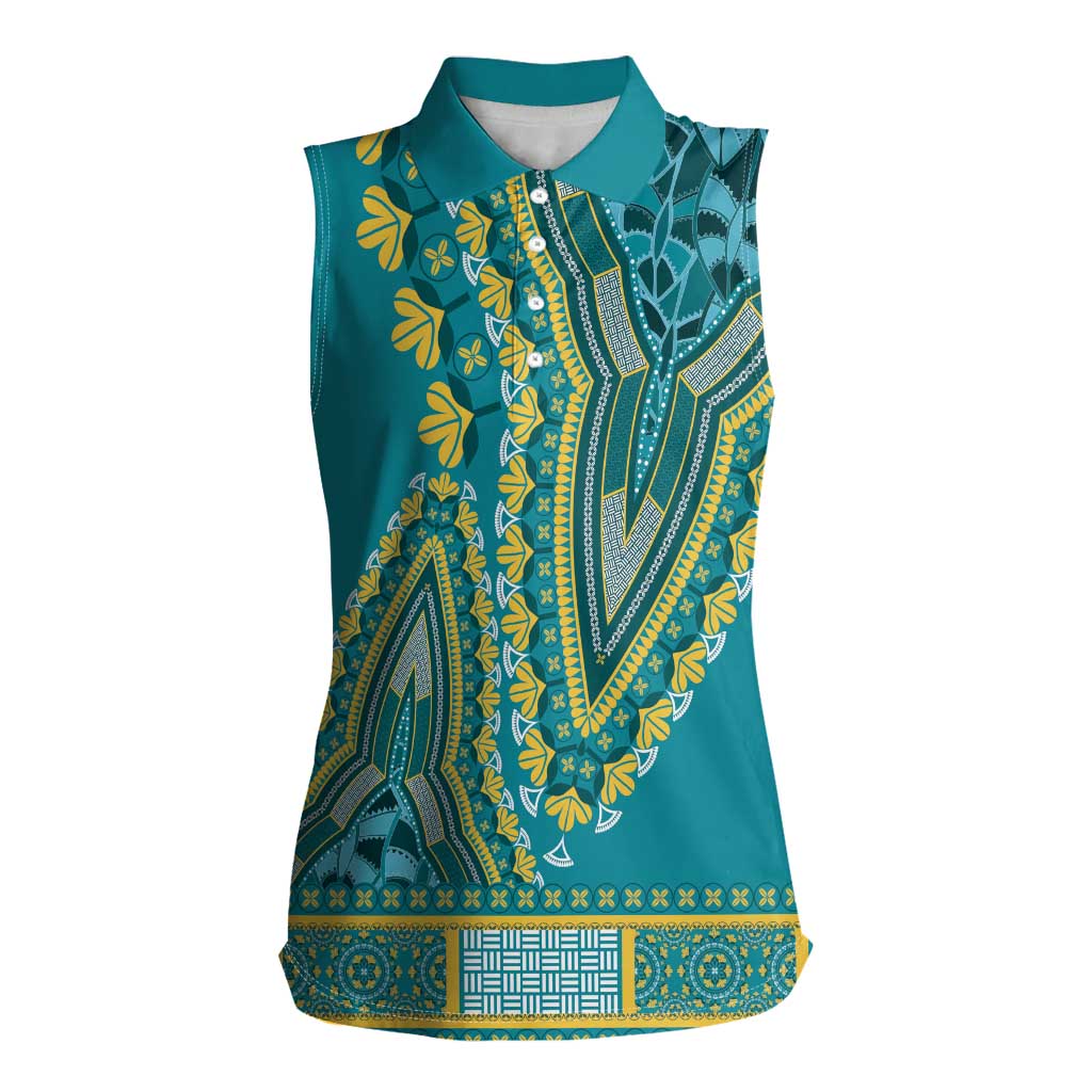 African Dashiki Women Sleeveless Polo Shirt Luxury Teal - Wonder Print Shop