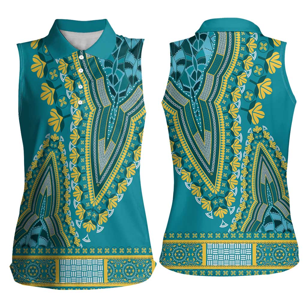 African Dashiki Women Sleeveless Polo Shirt Luxury Teal - Wonder Print Shop