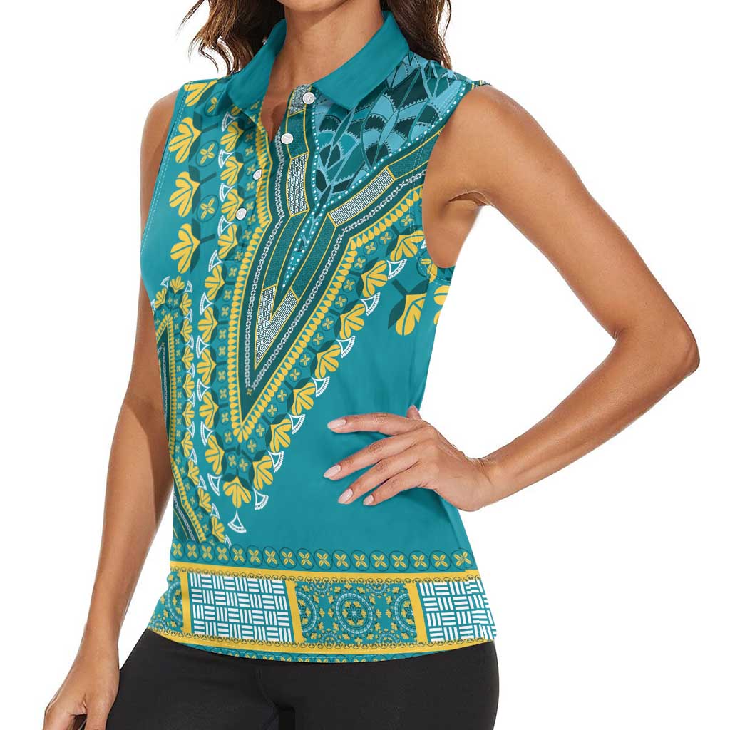 African Dashiki Women Sleeveless Polo Shirt Luxury Teal - Wonder Print Shop