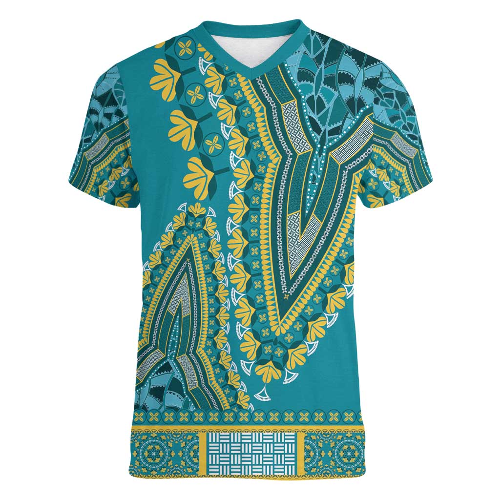 African Dashiki Women V-Neck T-Shirt Luxury Teal - Wonder Print Shop