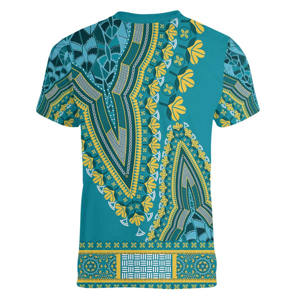 African Dashiki Women V-Neck T-Shirt Luxury Teal - Wonder Print Shop