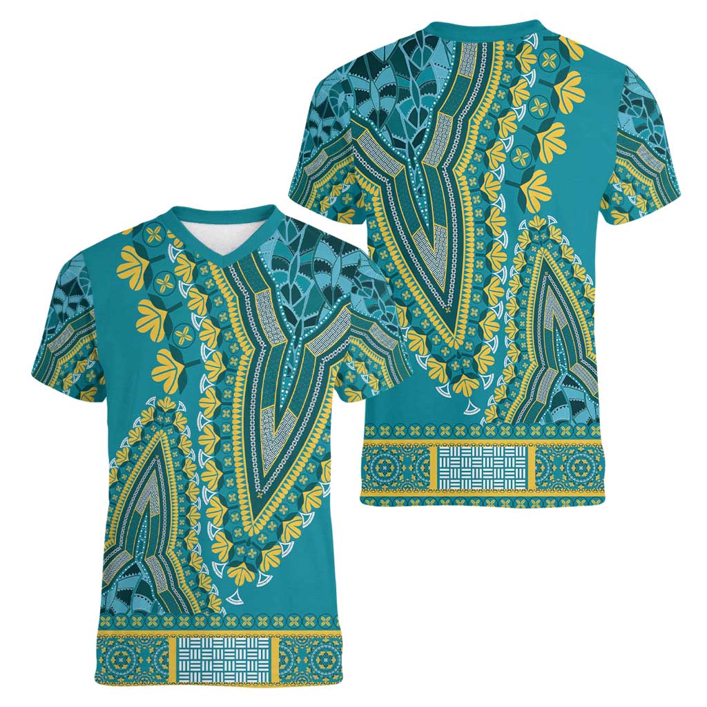 African Dashiki Women V-Neck T-Shirt Luxury Teal - Wonder Print Shop