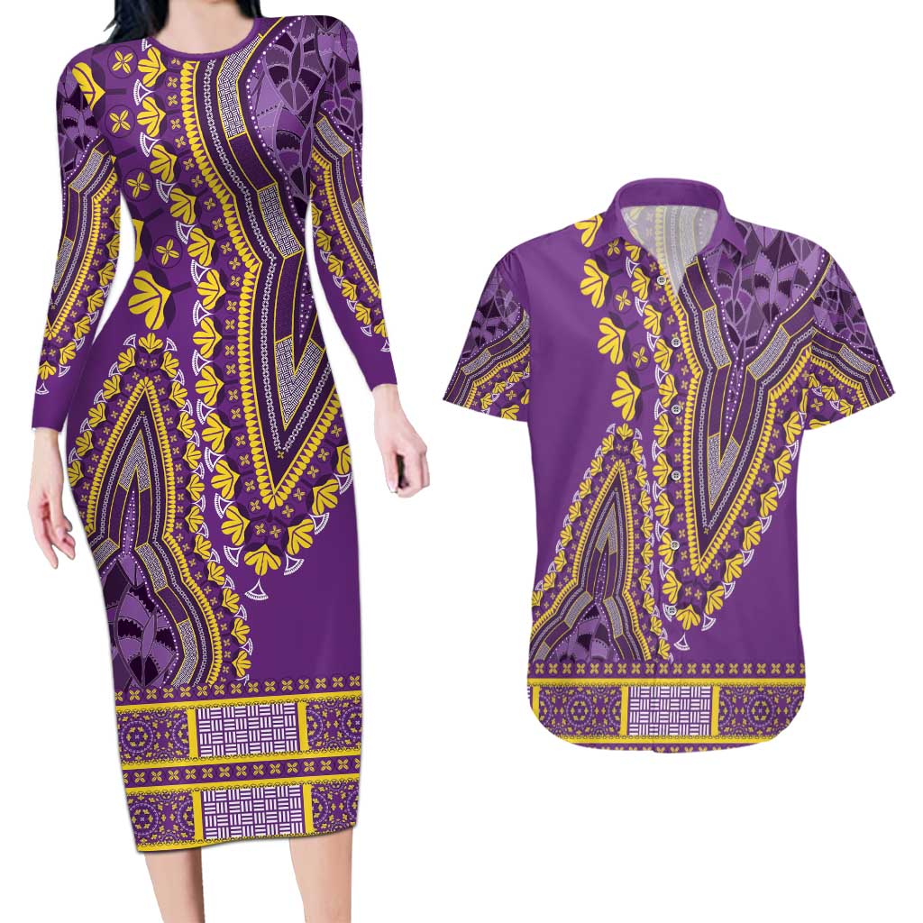 African Dashiki Couples Matching Long Sleeve Bodycon Dress and Hawaiian Shirt Luxury Violet LT7 - Wonder Print Shop