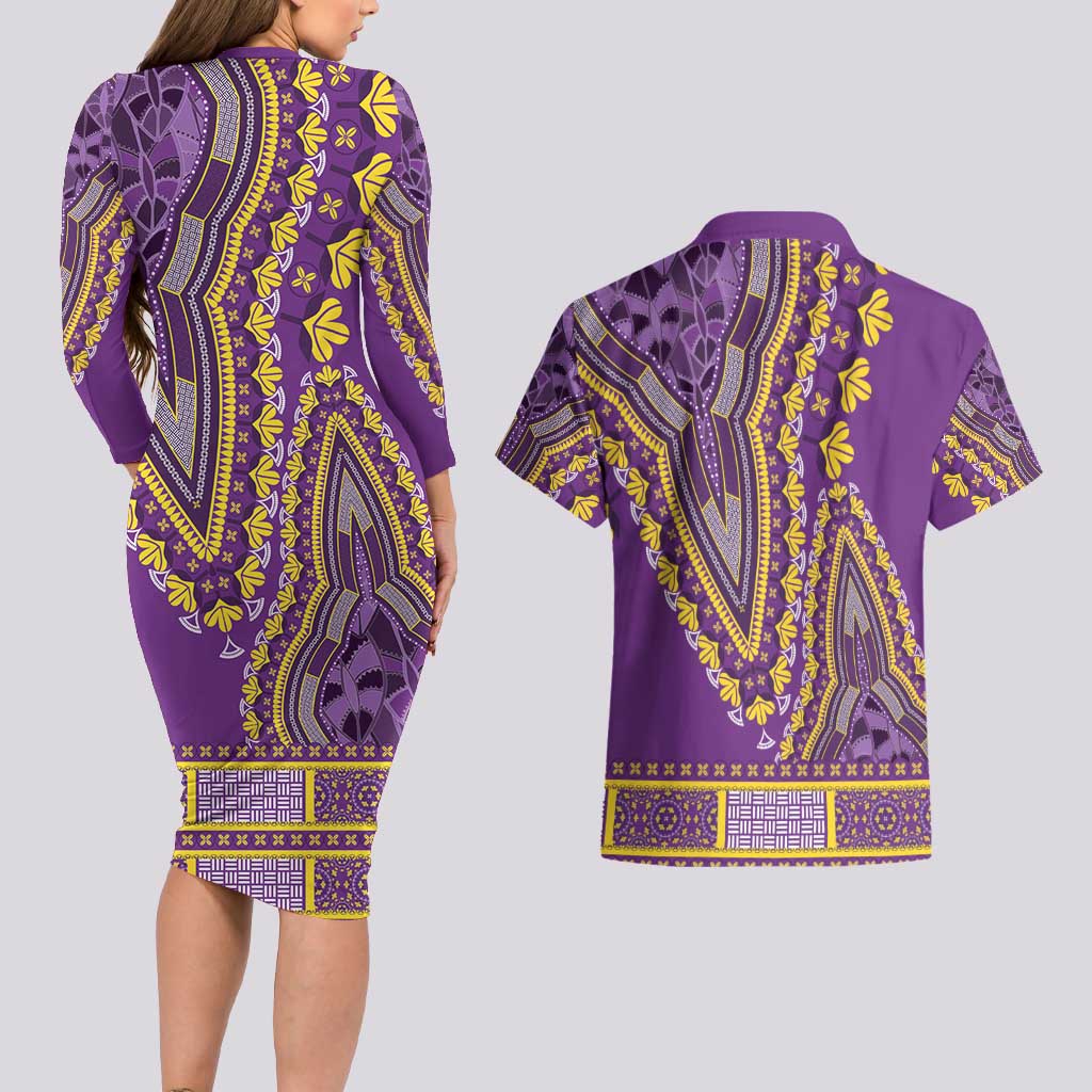 African Dashiki Couples Matching Long Sleeve Bodycon Dress and Hawaiian Shirt Luxury Violet LT7 - Wonder Print Shop