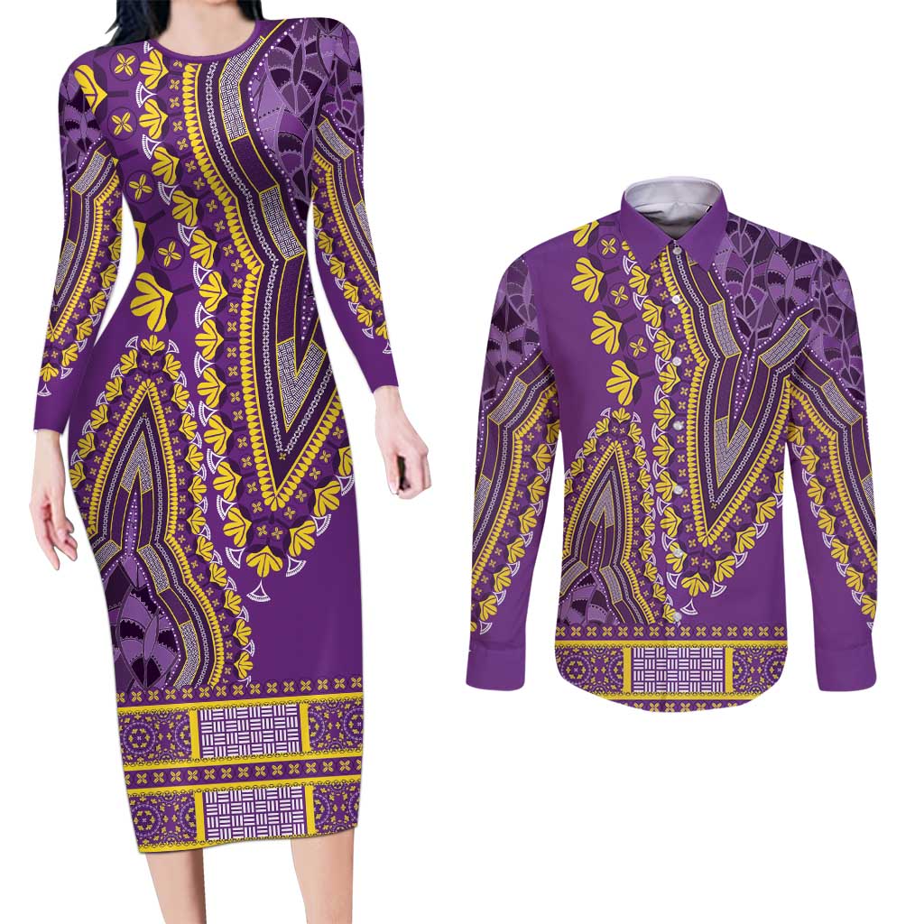 African Dashiki Couples Matching Long Sleeve Bodycon Dress and Long Sleeve Button Shirt Luxury Violet LT7 - Wonder Print Shop