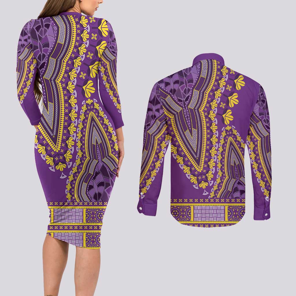 African Dashiki Couples Matching Long Sleeve Bodycon Dress and Long Sleeve Button Shirt Luxury Violet LT7 - Wonder Print Shop