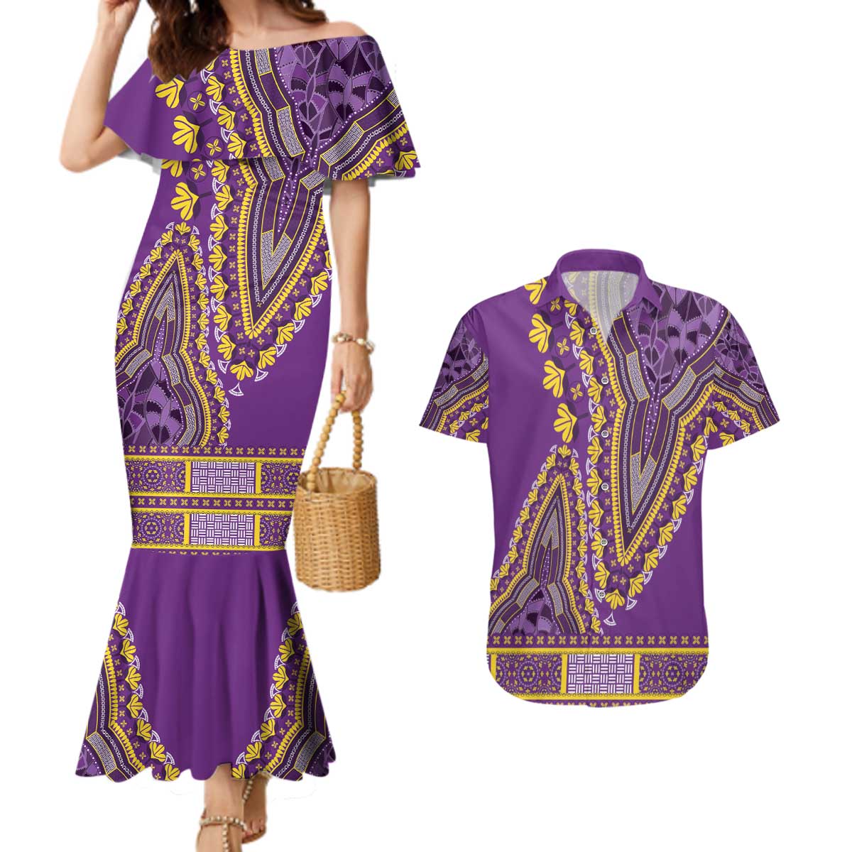 African Dashiki Couples Matching Mermaid Dress and Hawaiian Shirt Luxury Violet LT7 - Wonder Print Shop