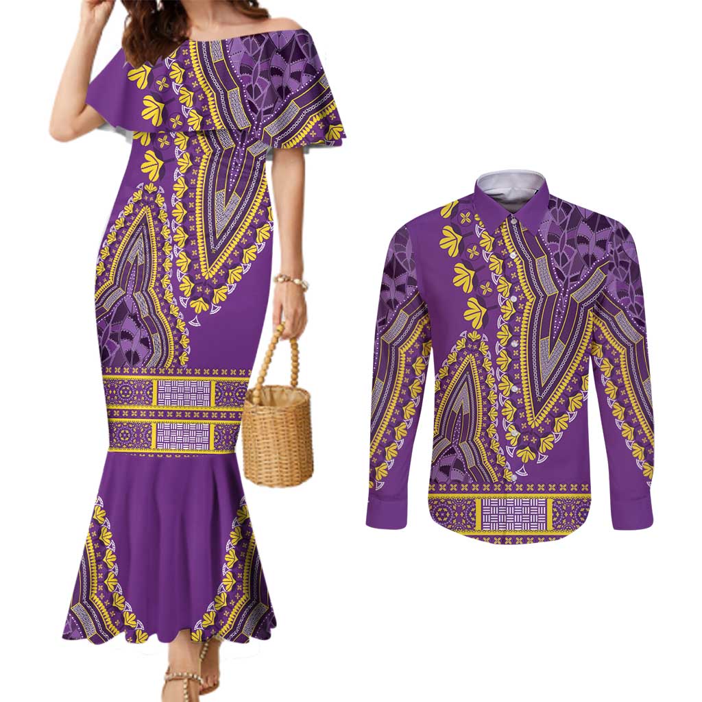 African Dashiki Couples Matching Mermaid Dress and Long Sleeve Button Shirt Luxury Violet