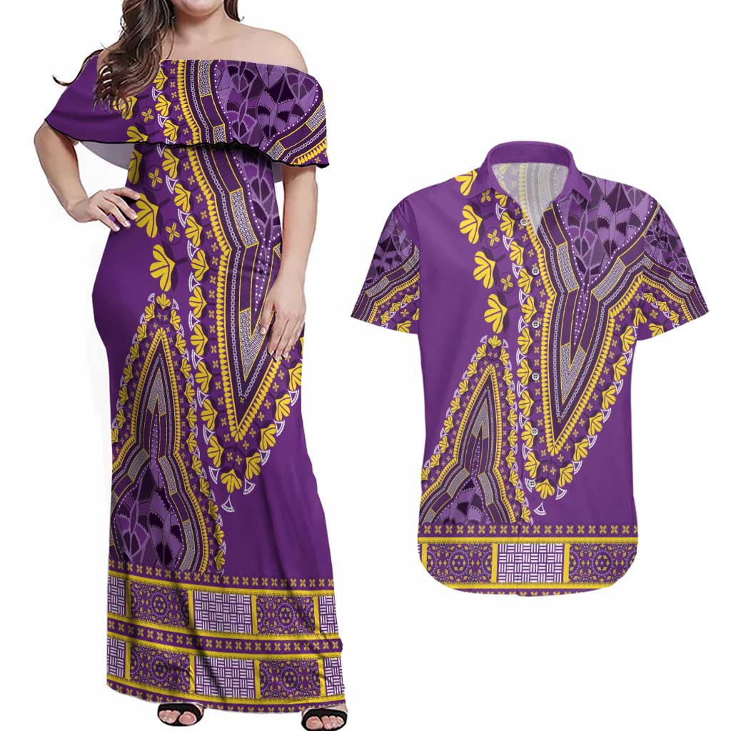 African Dashiki Couples Matching Off Shoulder Maxi Dress and Hawaiian Shirt Luxury Violet LT7 - Wonder Print Shop