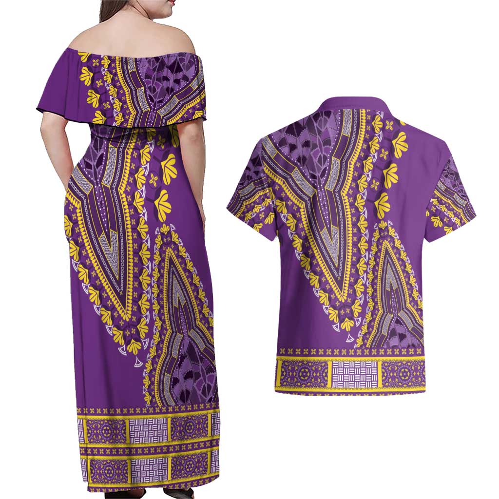 African Dashiki Couples Matching Off Shoulder Maxi Dress and Hawaiian Shirt Luxury Violet LT7 - Wonder Print Shop
