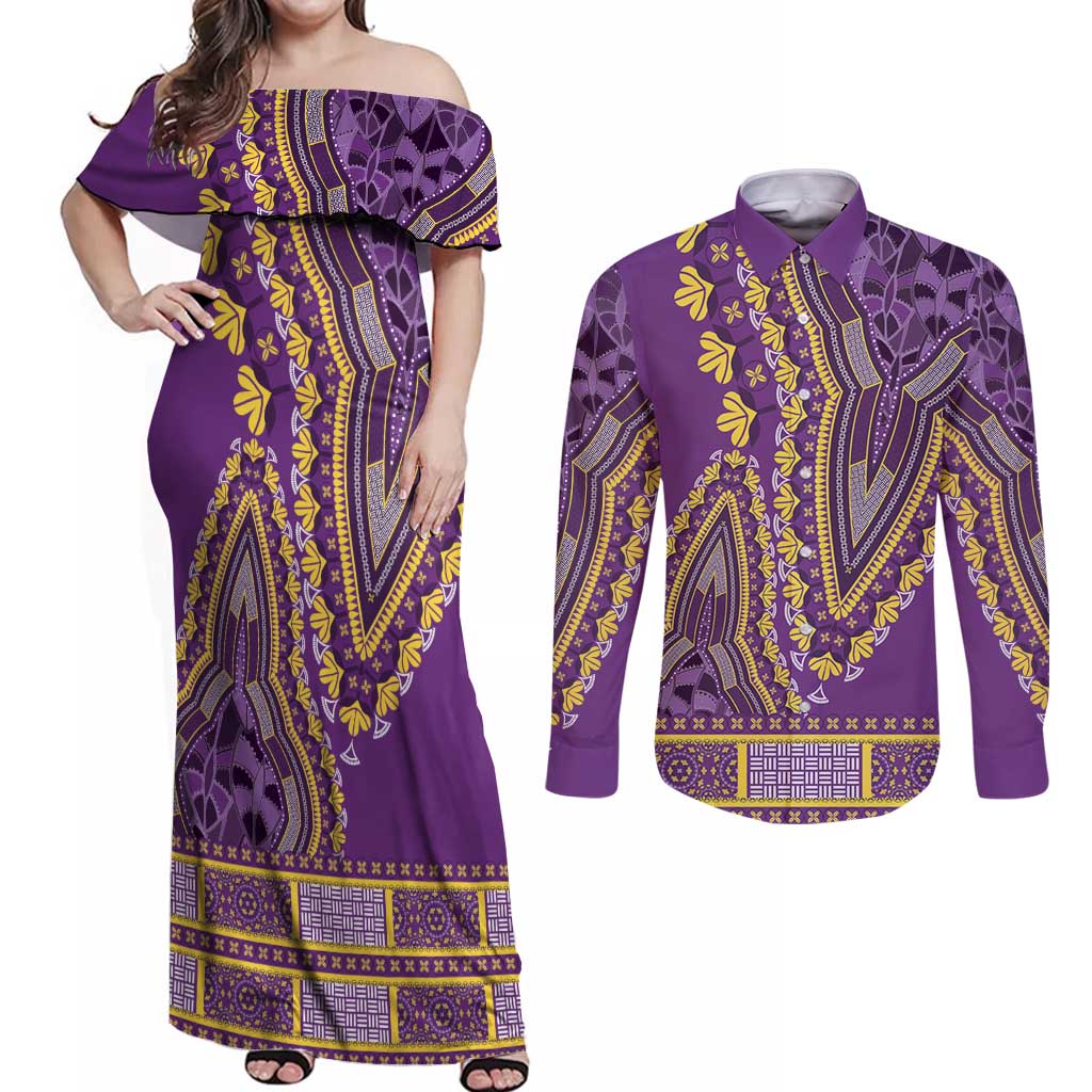 African Dashiki Couples Matching Off Shoulder Maxi Dress and Long Sleeve Button Shirt Luxury Violet LT7 - Wonder Print Shop