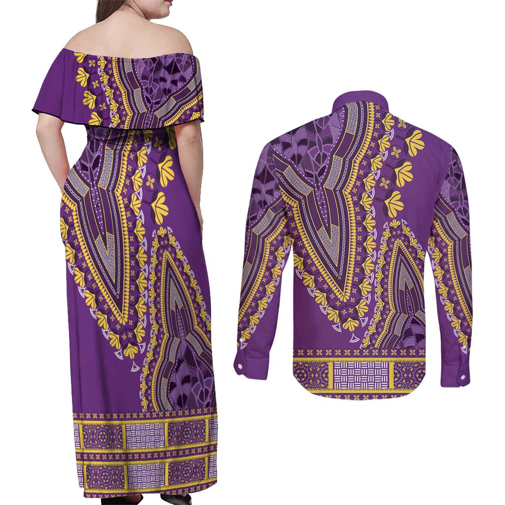 African Dashiki Couples Matching Off Shoulder Maxi Dress and Long Sleeve Button Shirt Luxury Violet LT7 - Wonder Print Shop