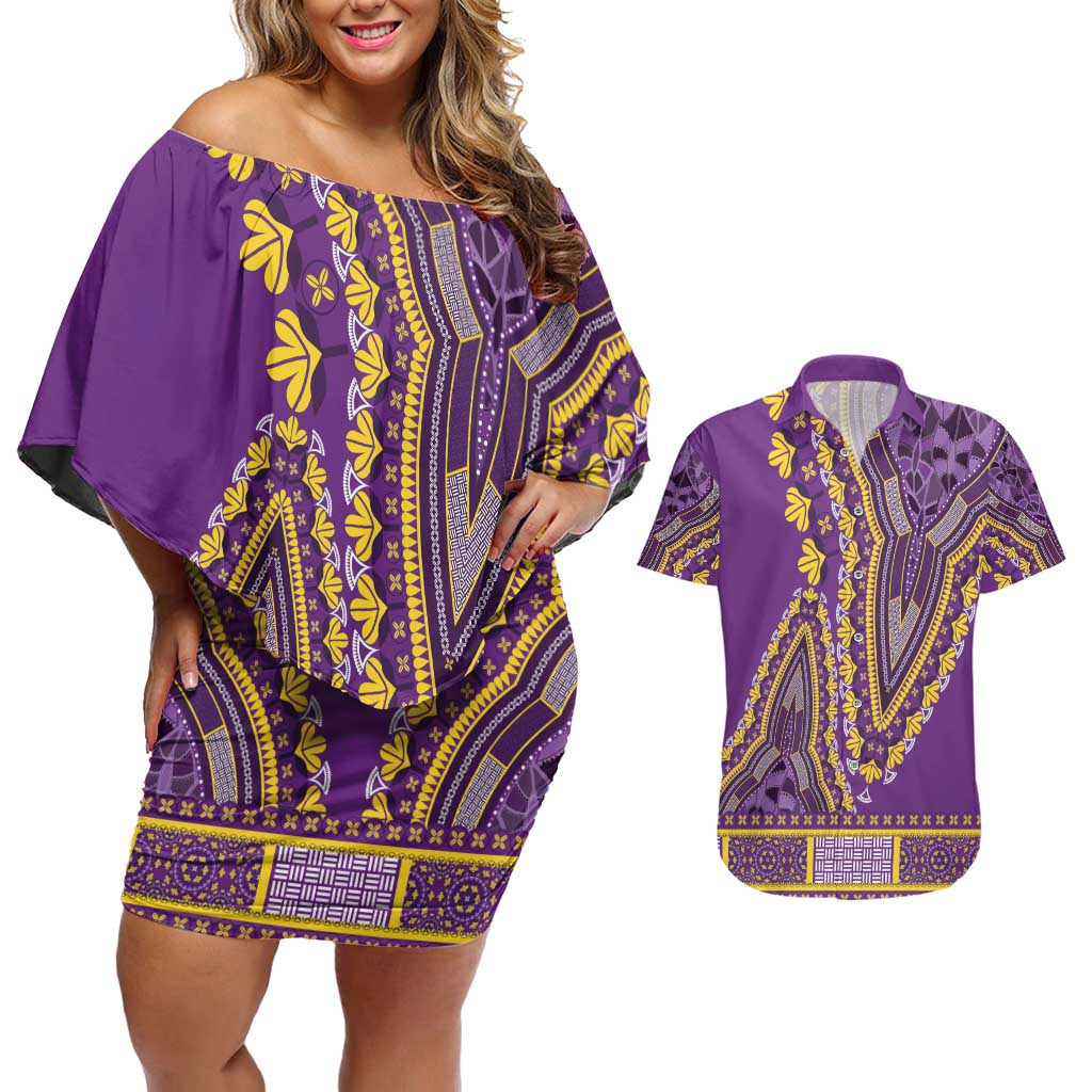 African Dashiki Couples Matching Off Shoulder Short Dress and Hawaiian Shirt Luxury Violet LT7 - Wonder Print Shop