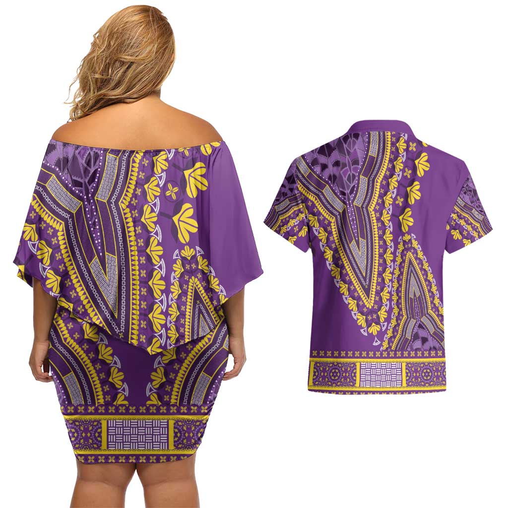 African Dashiki Couples Matching Off Shoulder Short Dress and Hawaiian Shirt Luxury Violet LT7 - Wonder Print Shop