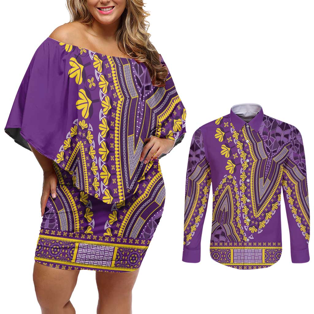 African Dashiki Couples Matching Off Shoulder Short Dress and Long Sleeve Button Shirt Luxury Violet LT7 - Wonder Print Shop