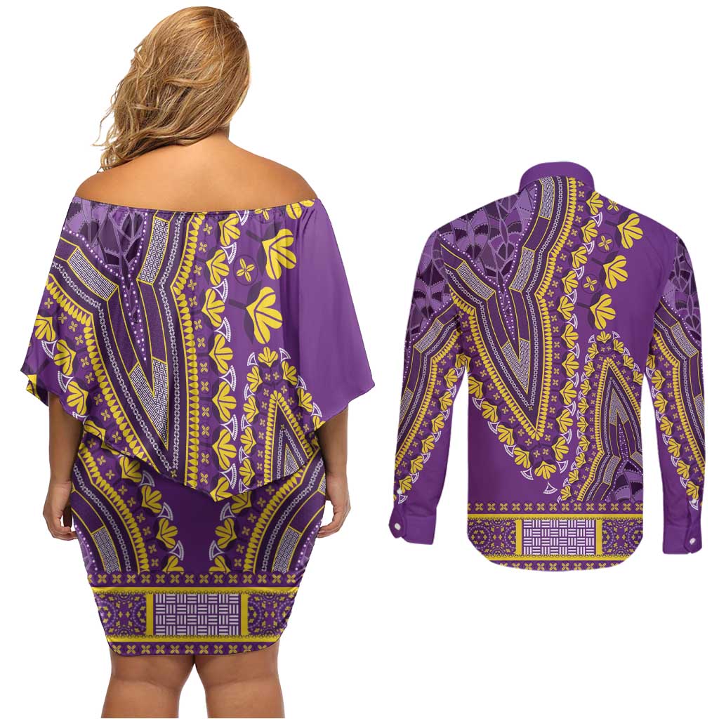 African Dashiki Couples Matching Off Shoulder Short Dress and Long Sleeve Button Shirt Luxury Violet LT7 - Wonder Print Shop