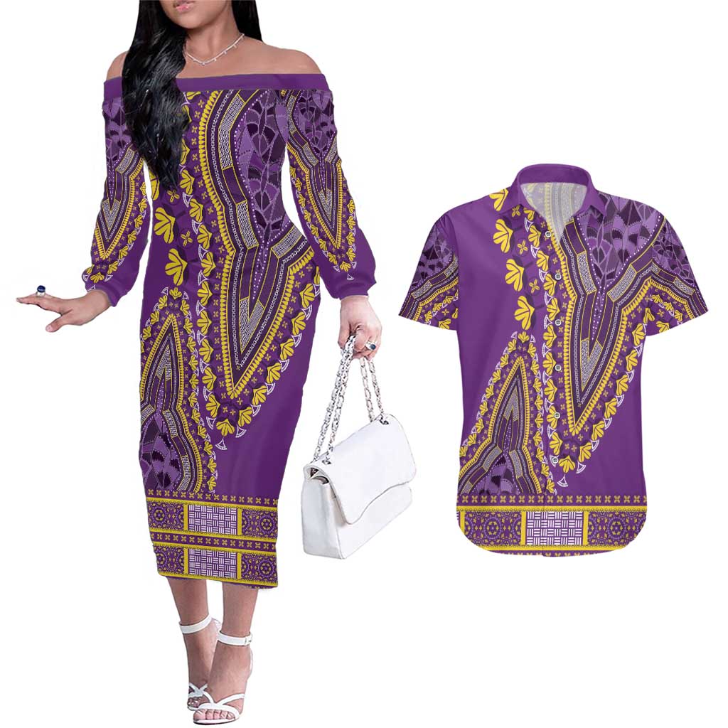 African Dashiki Couples Matching Off The Shoulder Long Sleeve Dress and Hawaiian Shirt Luxury Violet LT7 - Wonder Print Shop
